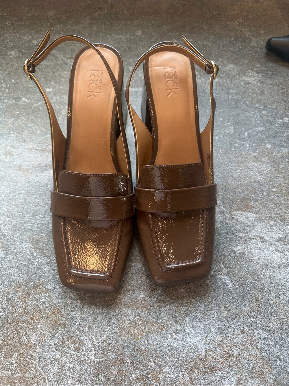 Brown Patent Slingback Clogs with Square Toe - Women